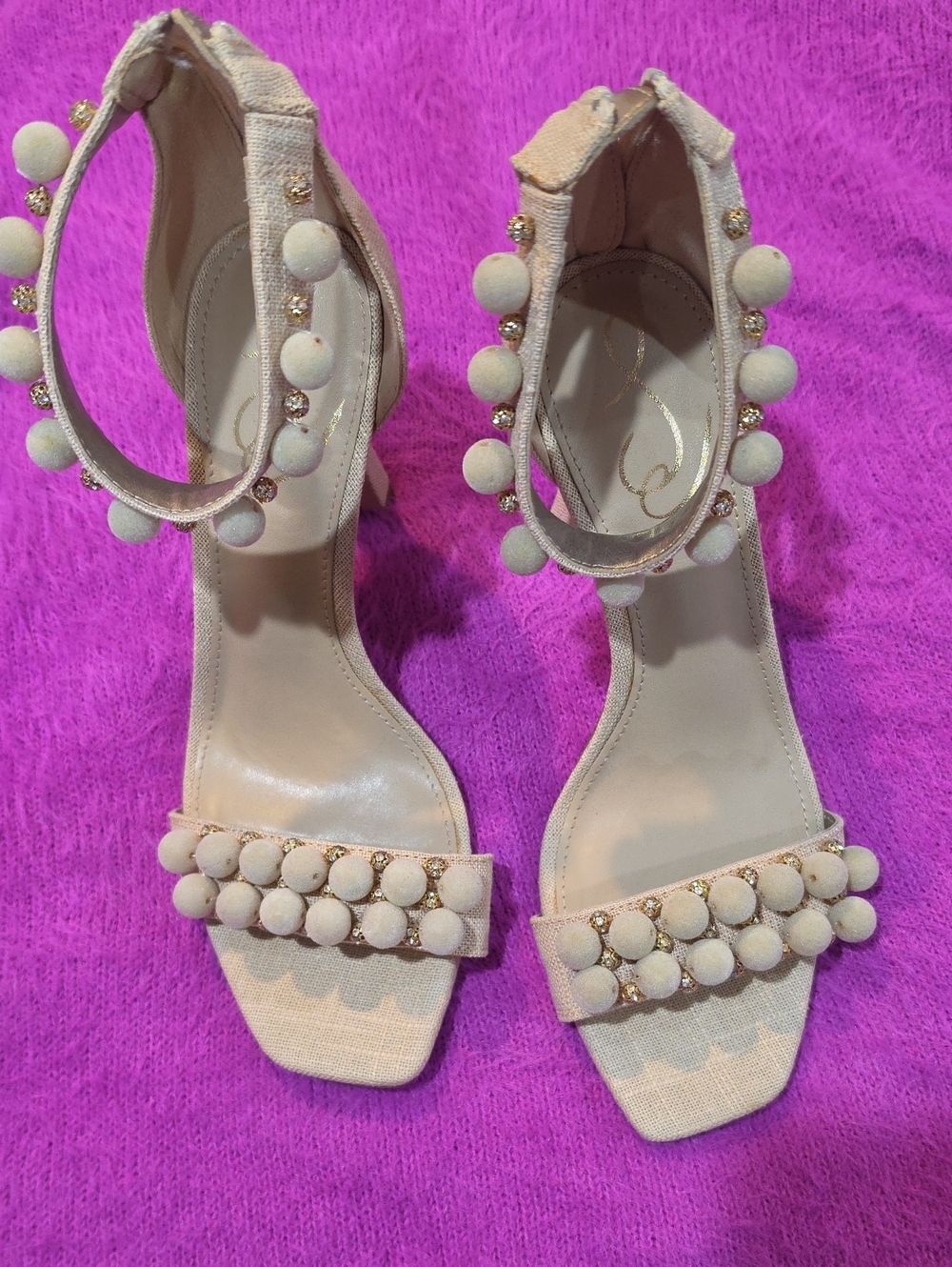 Sam Edelman Cream Pom-Pom Ankle-Strap Heels